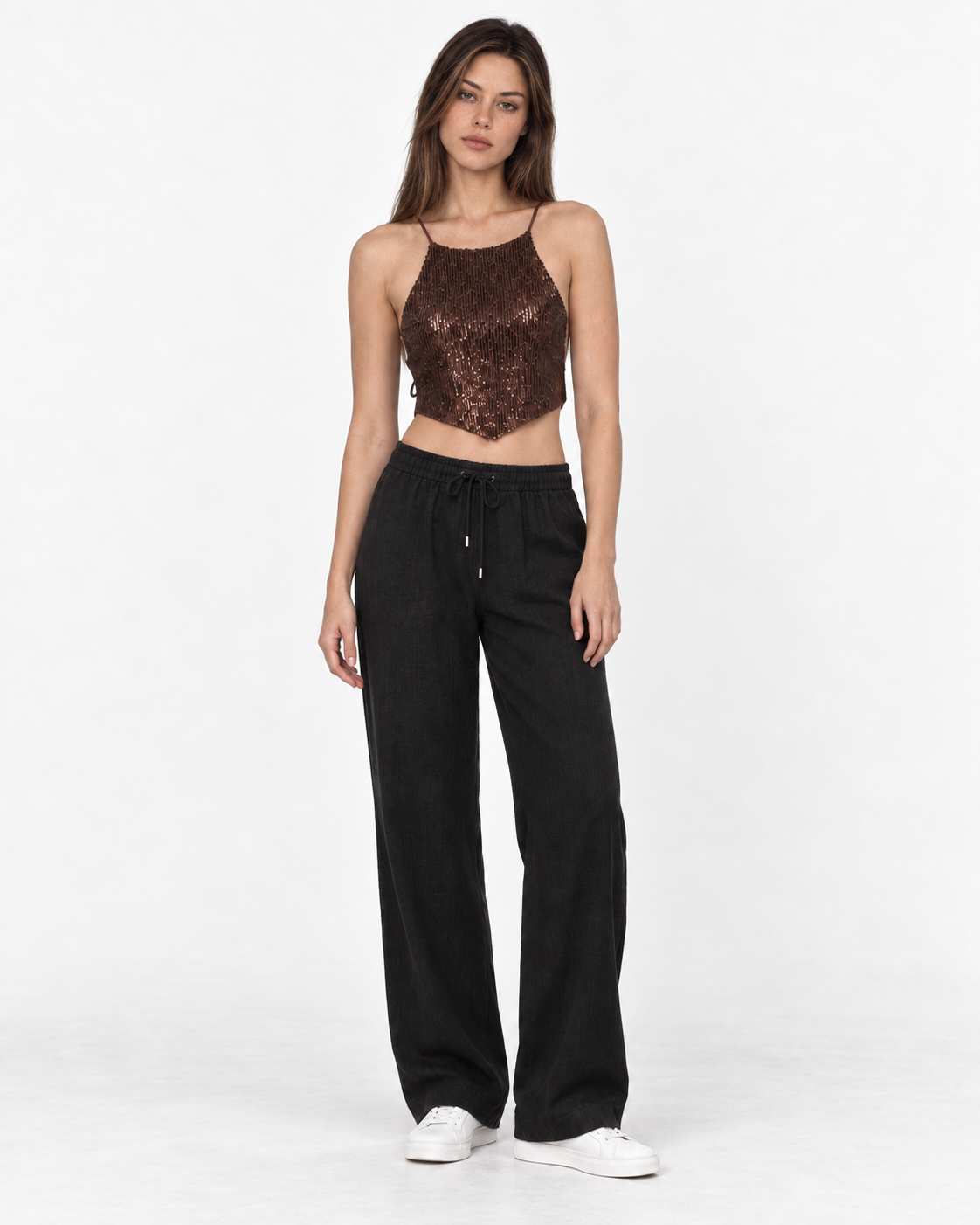 Crop top halter lentejuelas café espalda con amarra Ibiza