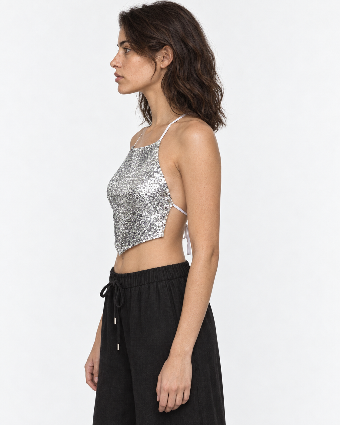 Crop top lentejuelas plateado halter