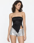 Top strapless asimétrico negro brillante Adela