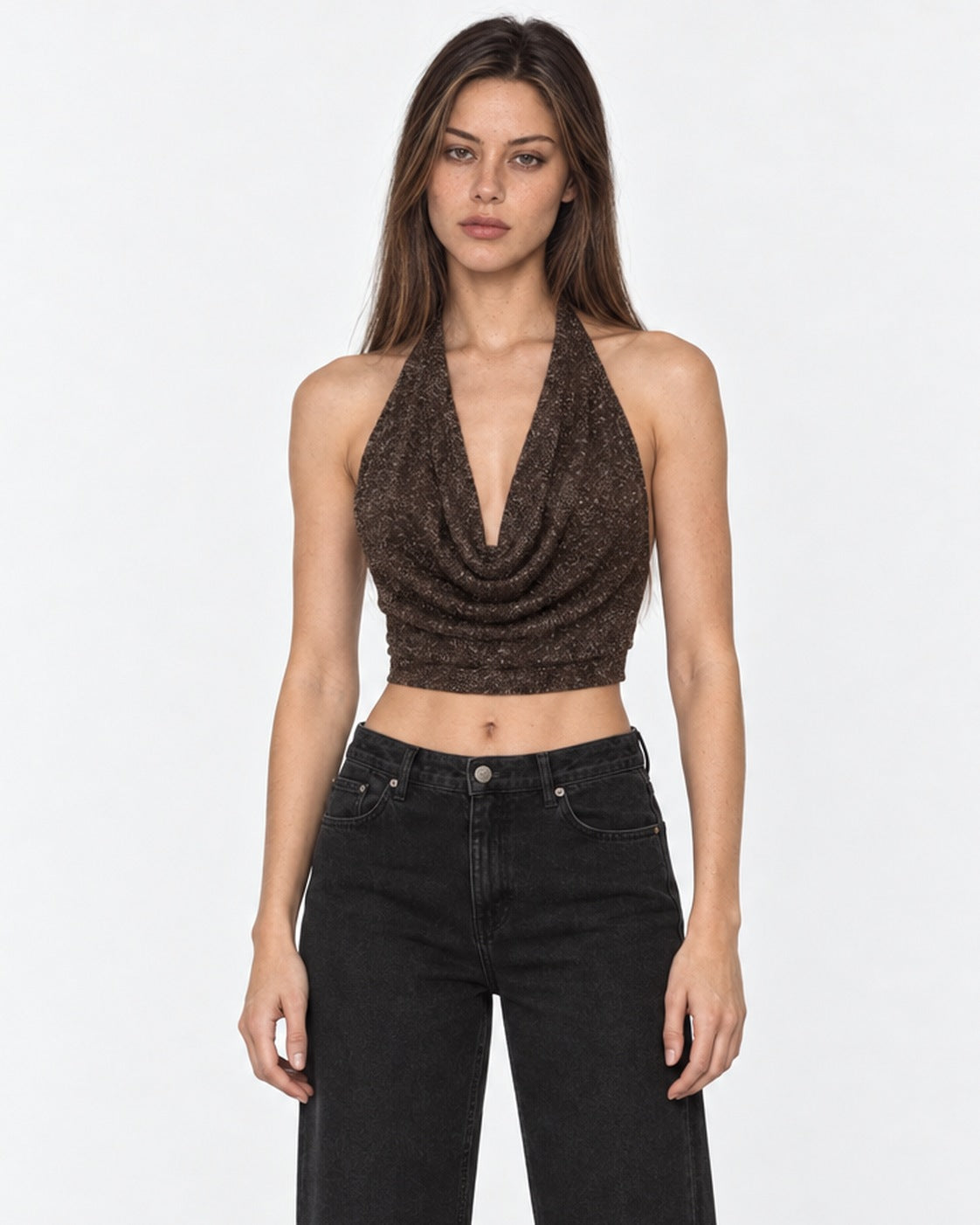 Crop top chocolate drapeado sin mangas brillos Irene