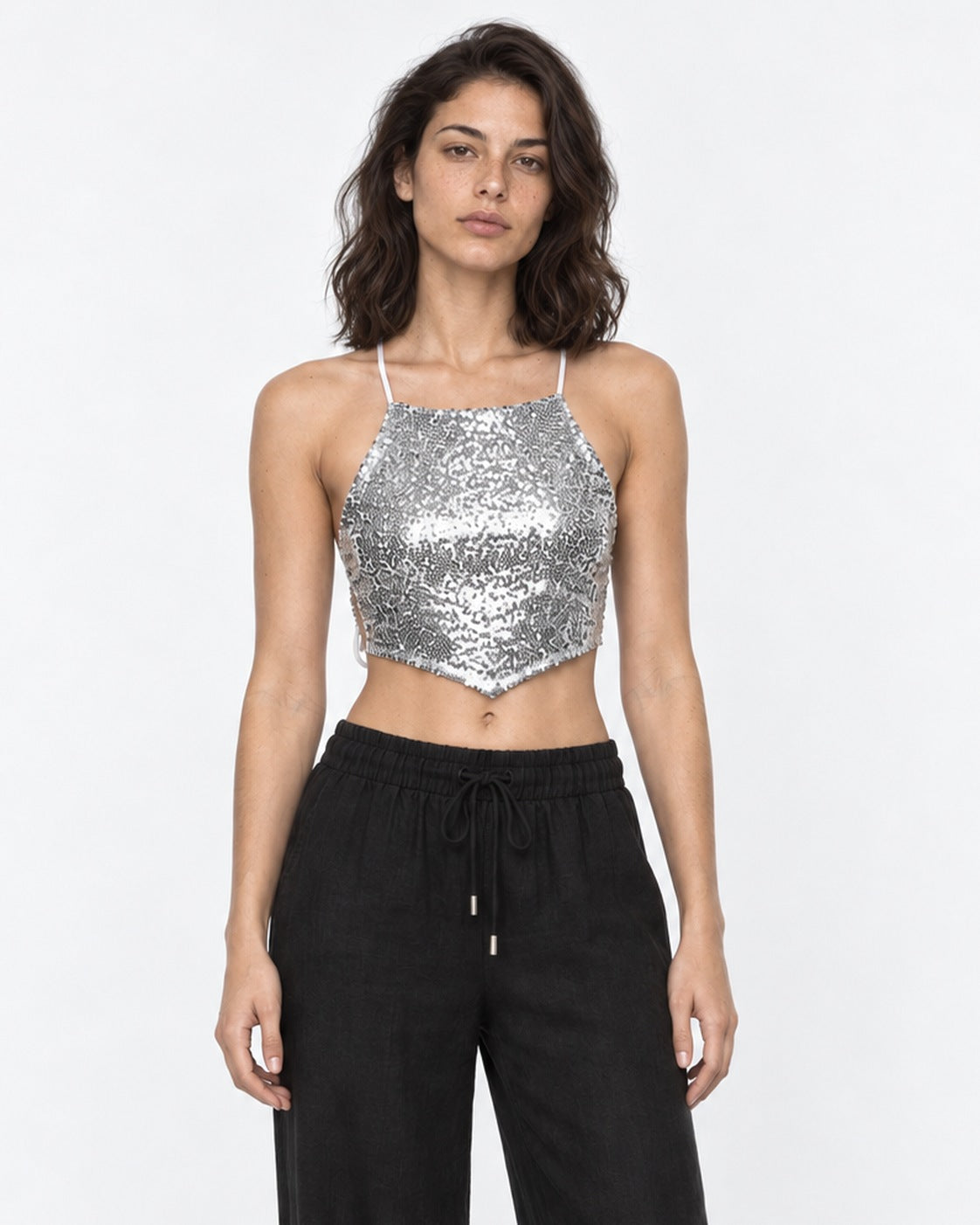 Crop top lentejuelas plateado halter
