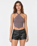 Top brillante malva halter en punta Ángela