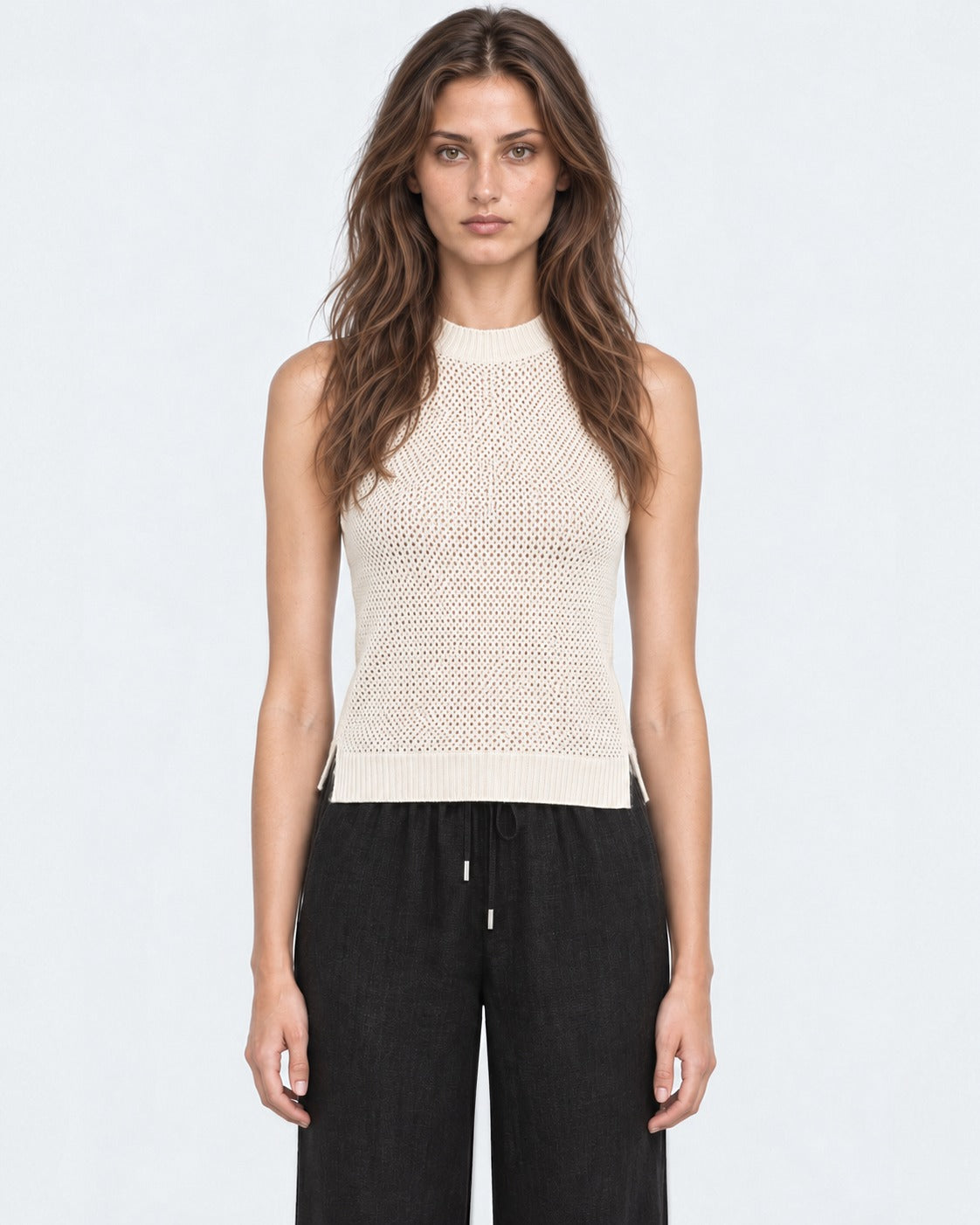 Sweater sin mangas crudo de tejido calado Oslo, frente | MQM