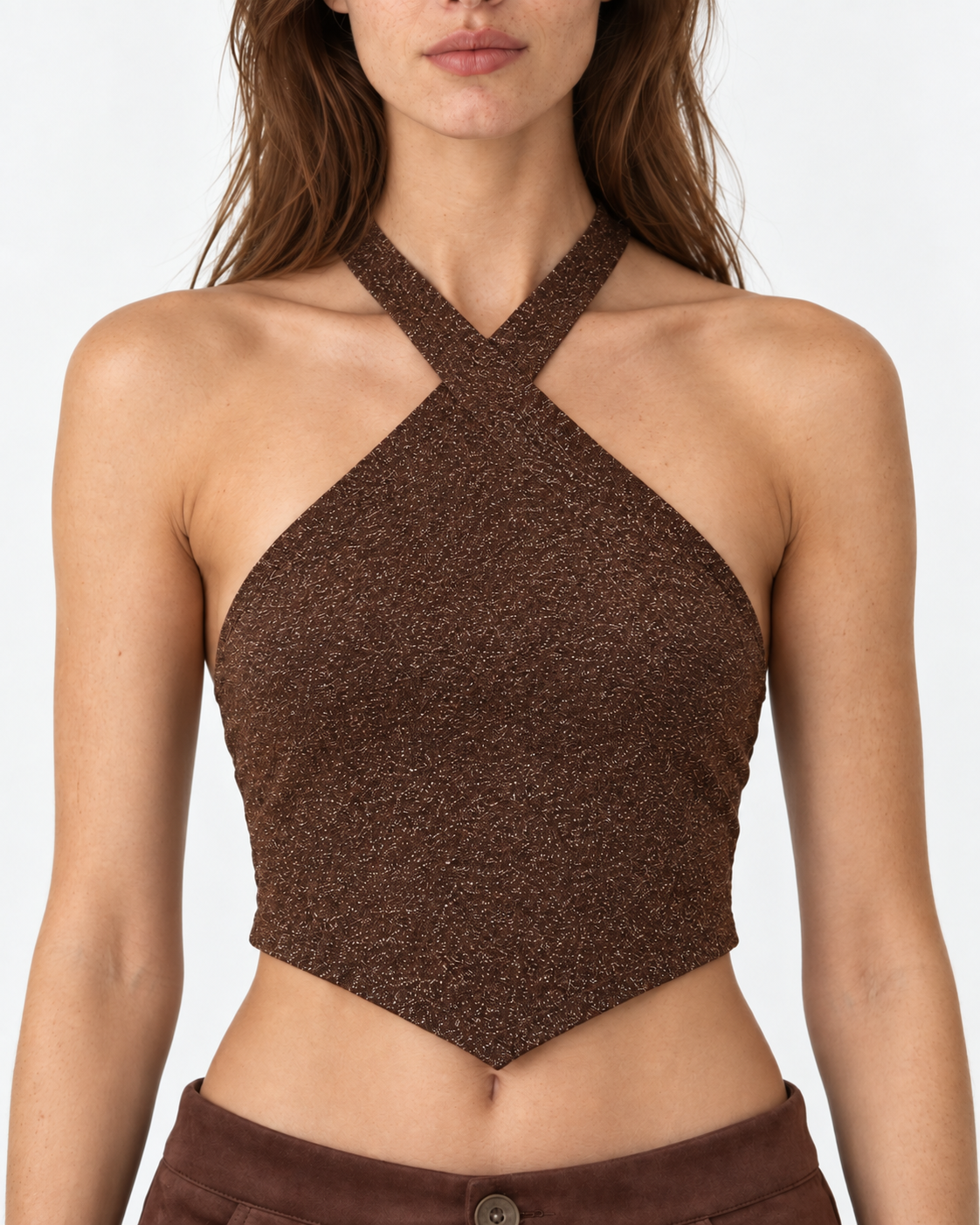 Crop top halter café brillante con punta Ángela