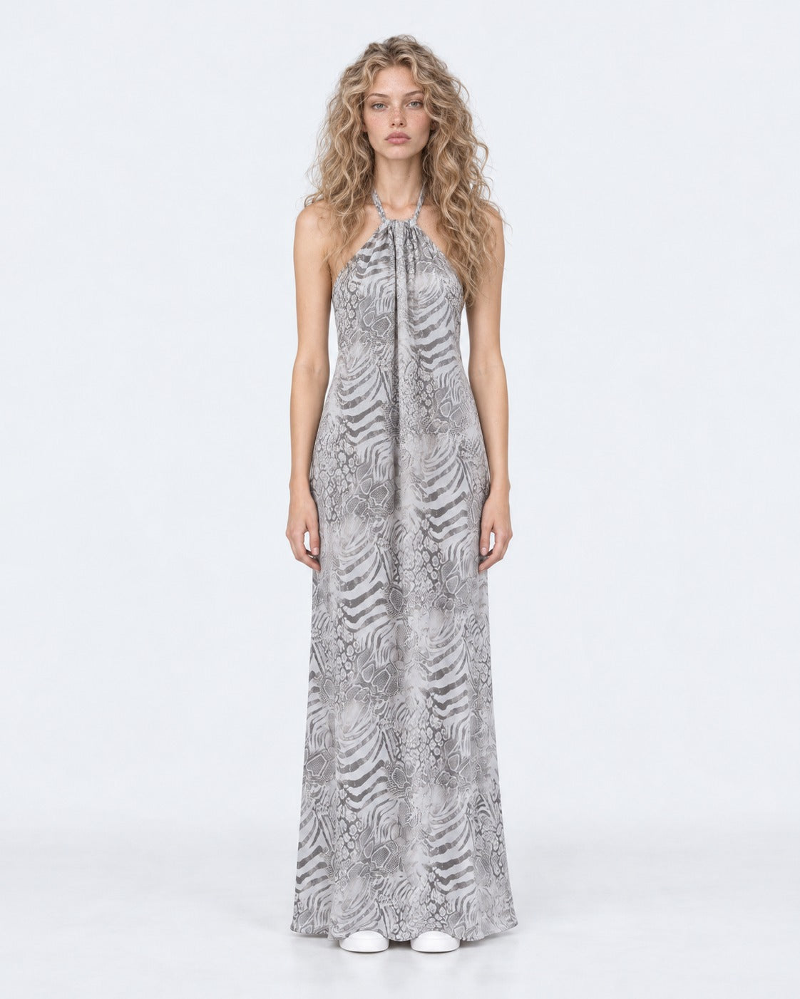 Vestido largo animal print halter espalda descubierta, frente | MQM