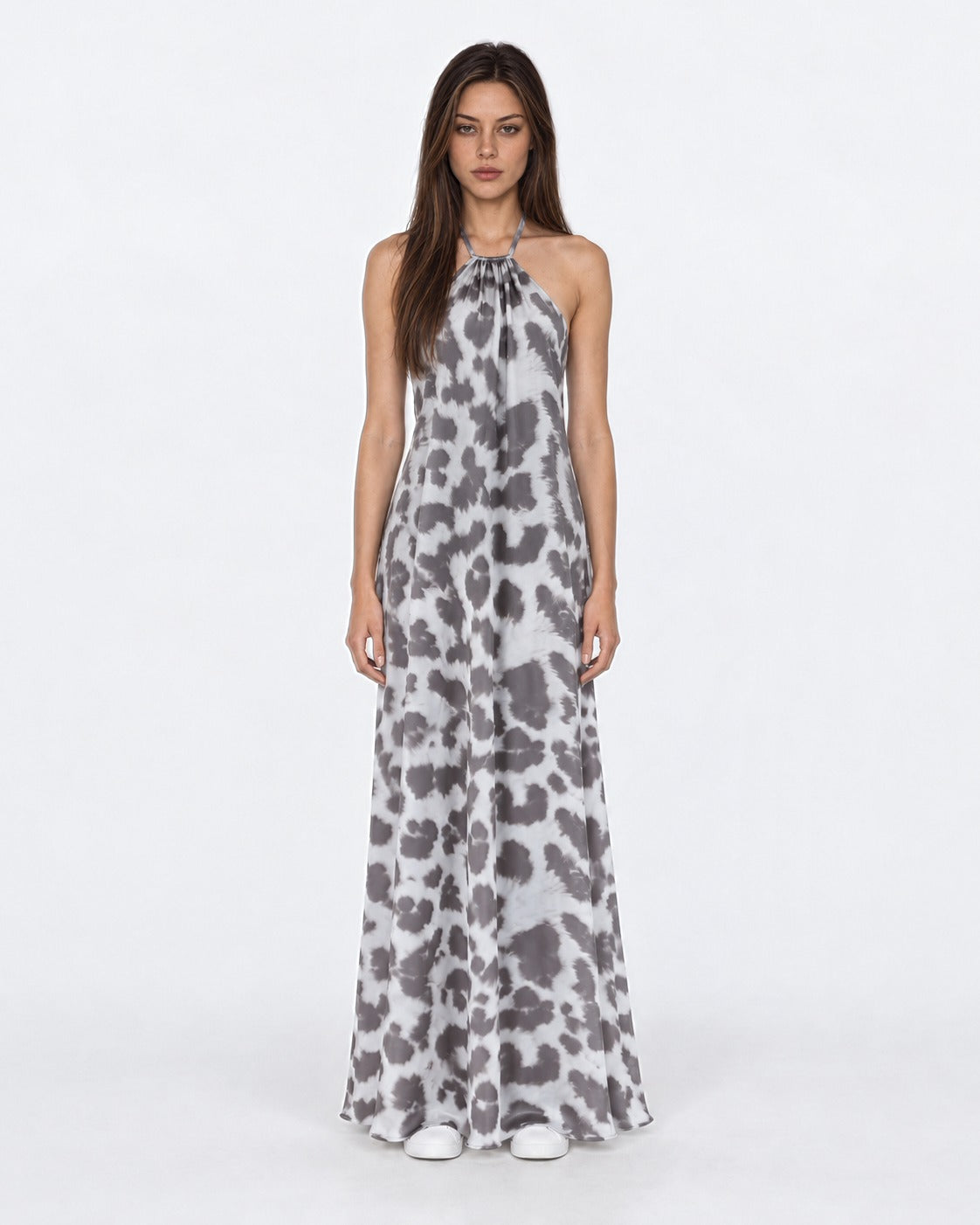Vestido largo halter animal print gris, frente | MQM