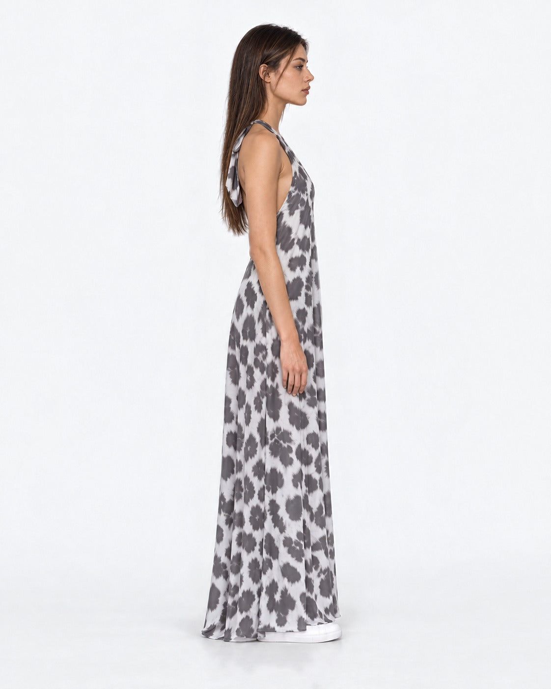 Vestido largo halter animal print gris, lado | MQM