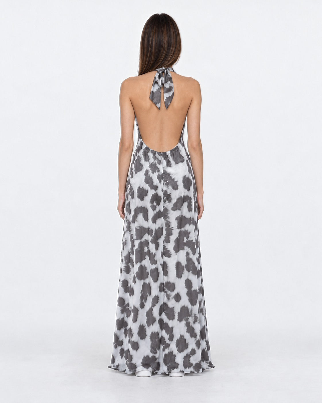 Vestido largo halter animal print gris, espalda descubierta | MQM