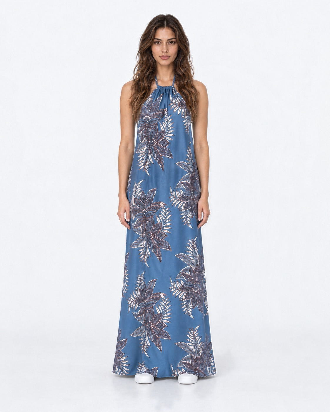 Vestido largo halter azul estampado botánico Araucaria, frente | MQM