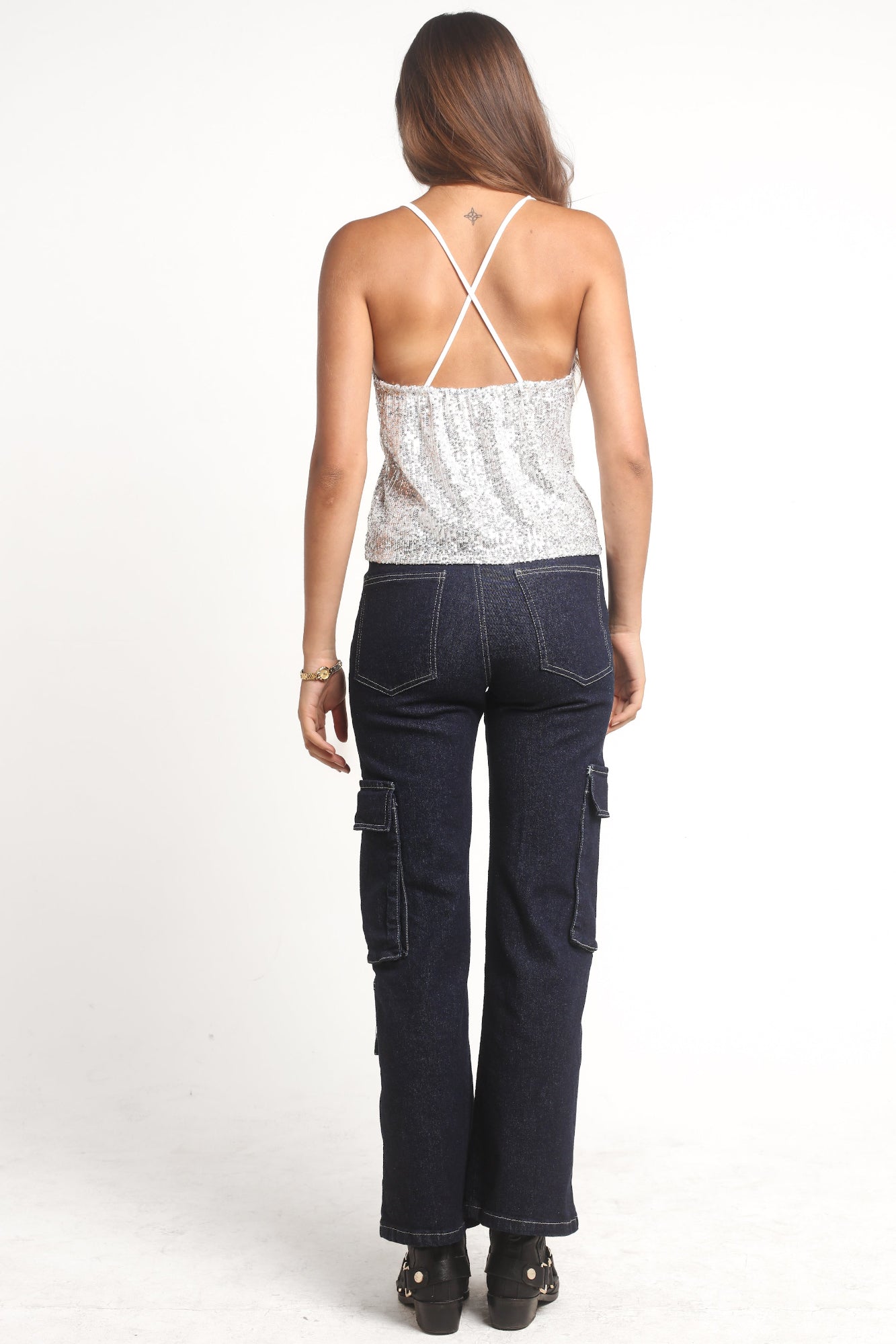 Pantalón Cargo Jeans Azul Tiro Alto con Bolsillos | Qatar - MQM