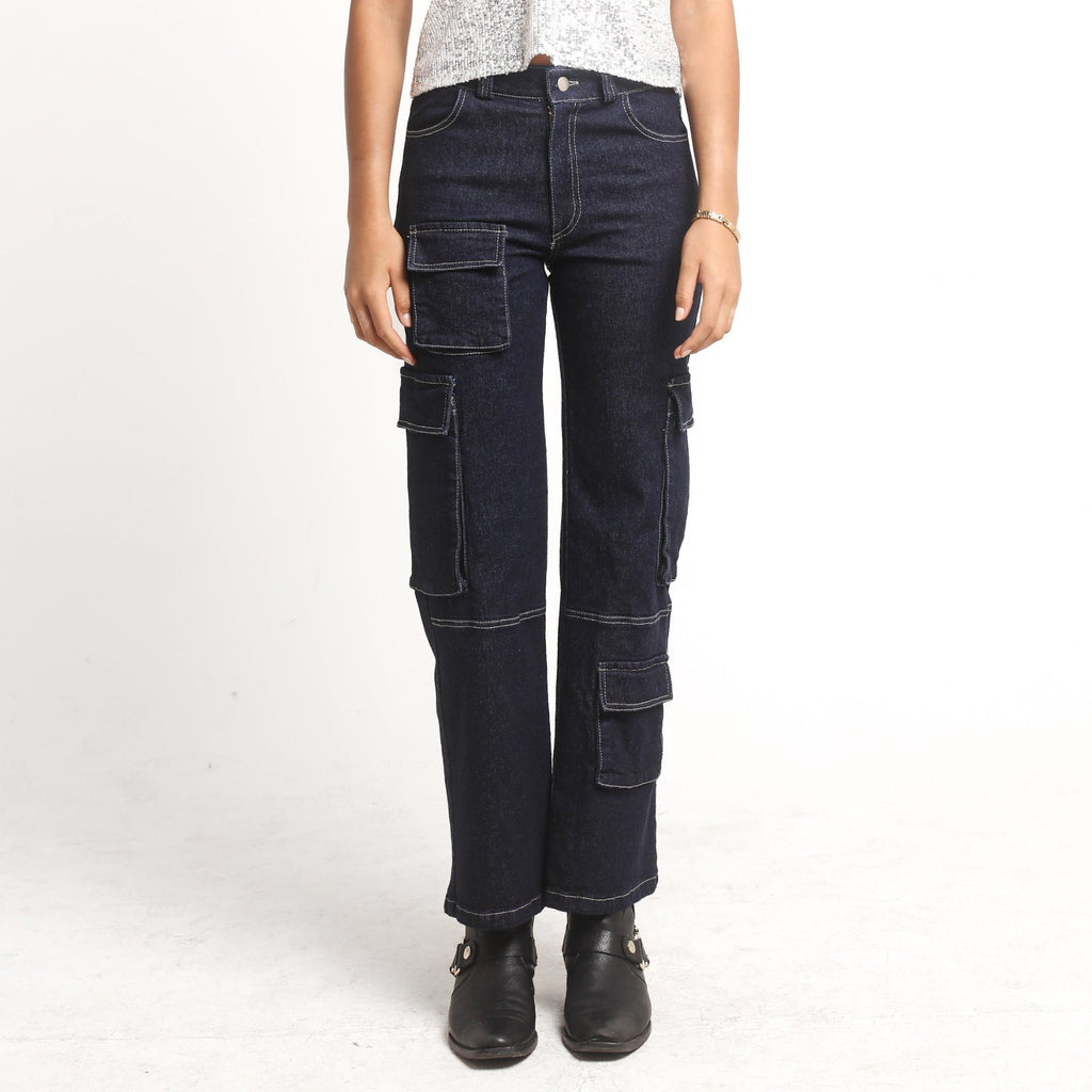 Pantalón Cargo Jeans Azul Tiro Alto con Bolsillos | Qatar - MQM