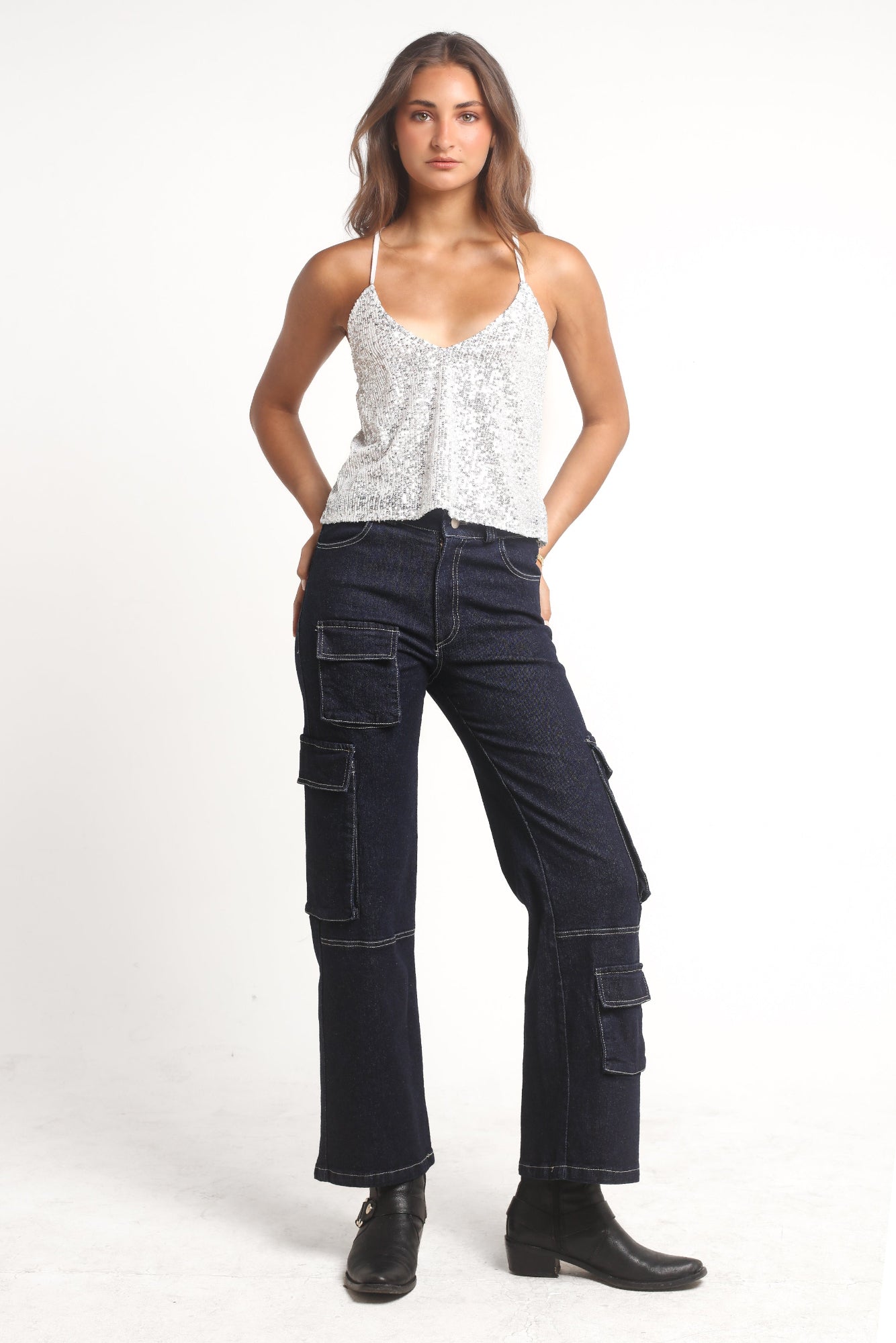 Pantalón Cargo Jeans Azul Tiro Alto con Bolsillos | Qatar - MQM