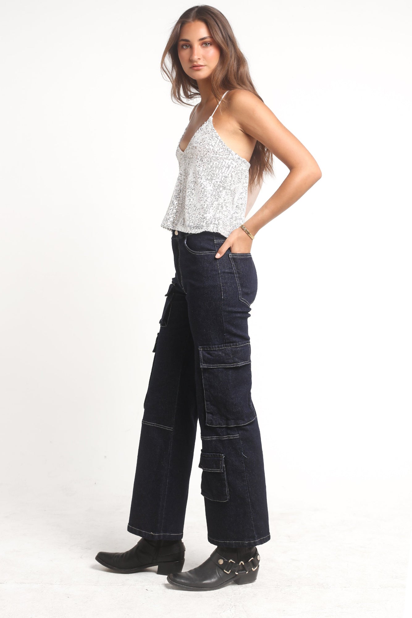 Pantalón Cargo Jeans Azul Tiro Alto con Bolsillos | Qatar - MQM