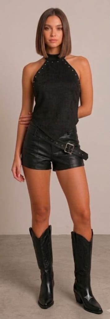 Crop top halter gamuza negra con tachas y espalda con amarras Renata