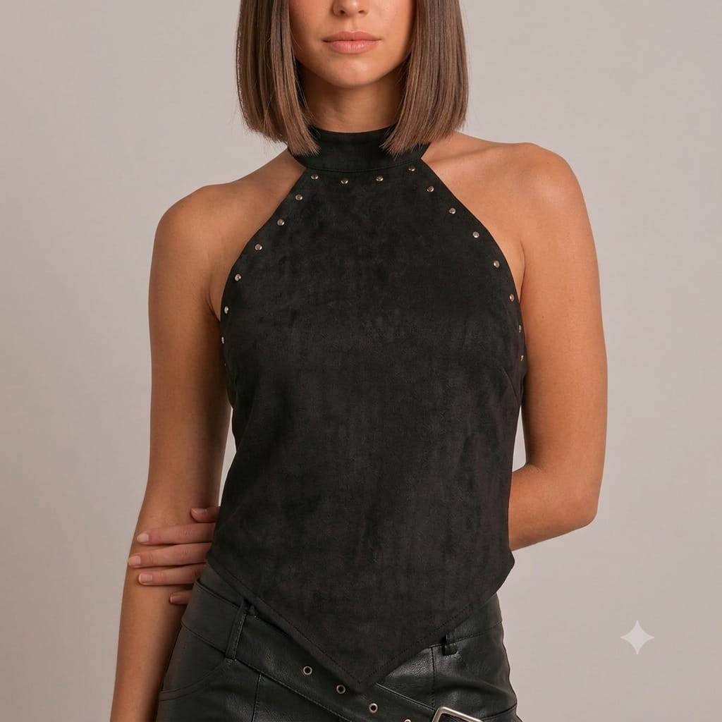 Crop top halter gamuza negra con tachas y espalda con amarras Renata