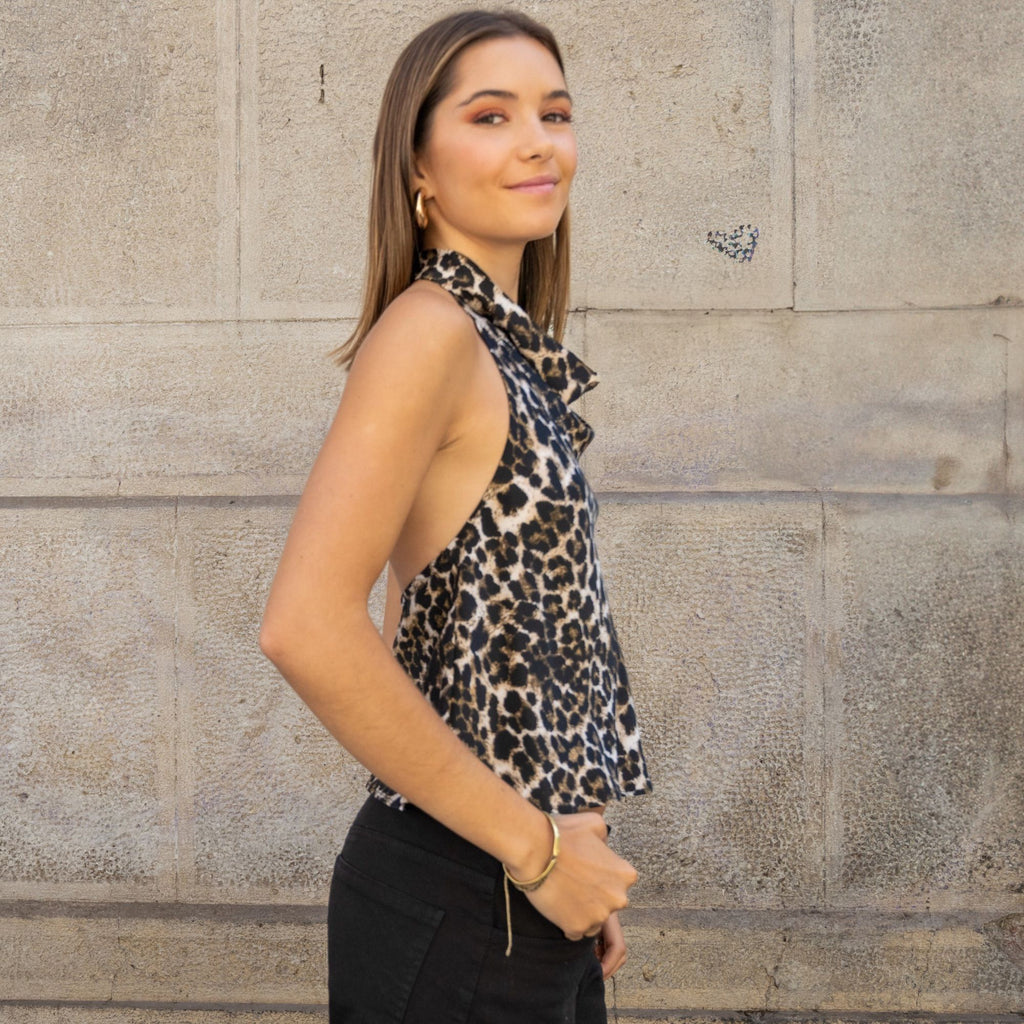 Blusa Mujer Leopardo Halter Satín Espalda Descubierta | Laura - MQM