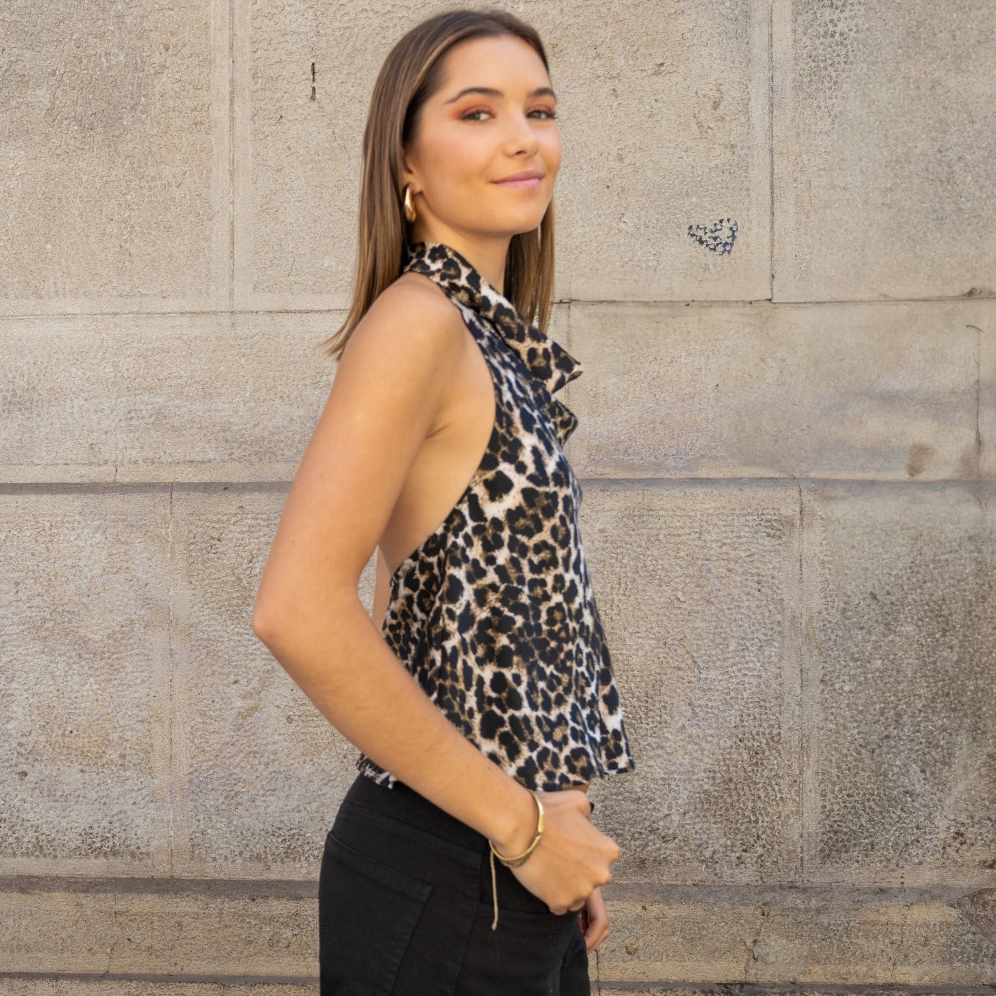 Blusa Mujer Leopardo Halter Satín Espalda Descubierta | Laura - MQM