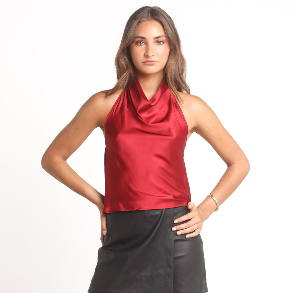 Blusa Mujer Burdeo Halter Satín Espalda Descubierta | Laura - MQM