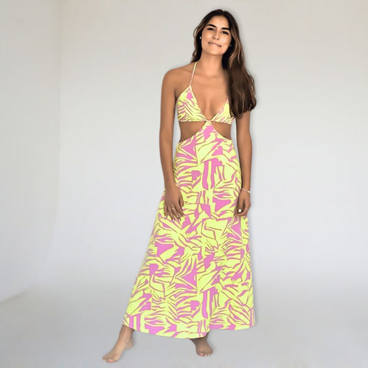 Vestido Largo Amarillo con Estampado Moderno y Espalda Descubierta