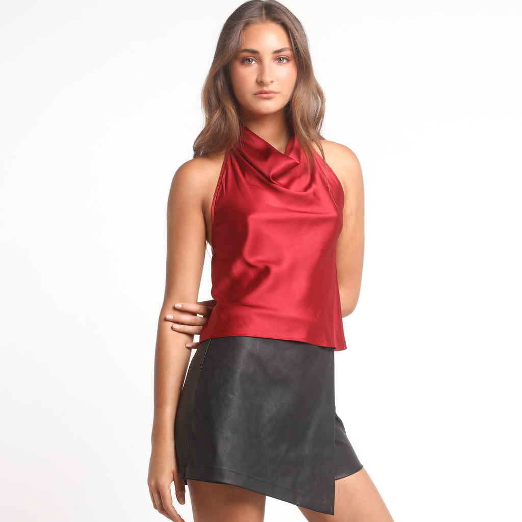 Blusa Mujer Burdeo Halter Satín Espalda Descubierta | Laura - MQM