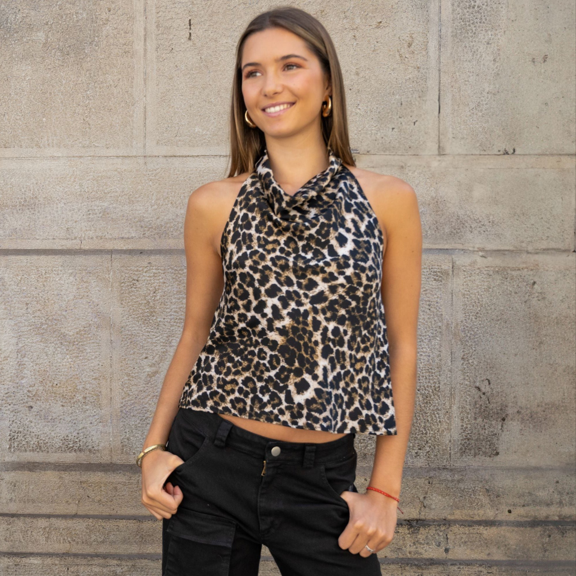 Blusa Mujer Leopardo Halter Satín Espalda Descubierta | Laura - MQM