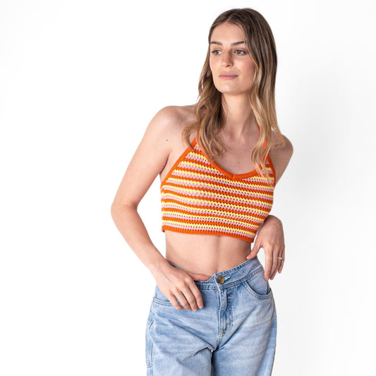 Crop Top Tejido a Rayas Naranjas y Amarillas