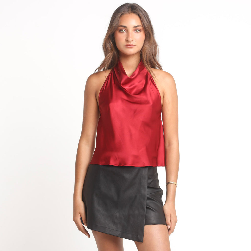 Blusa Mujer Burdeo Halter Satín Espalda Descubierta | Laura - MQM