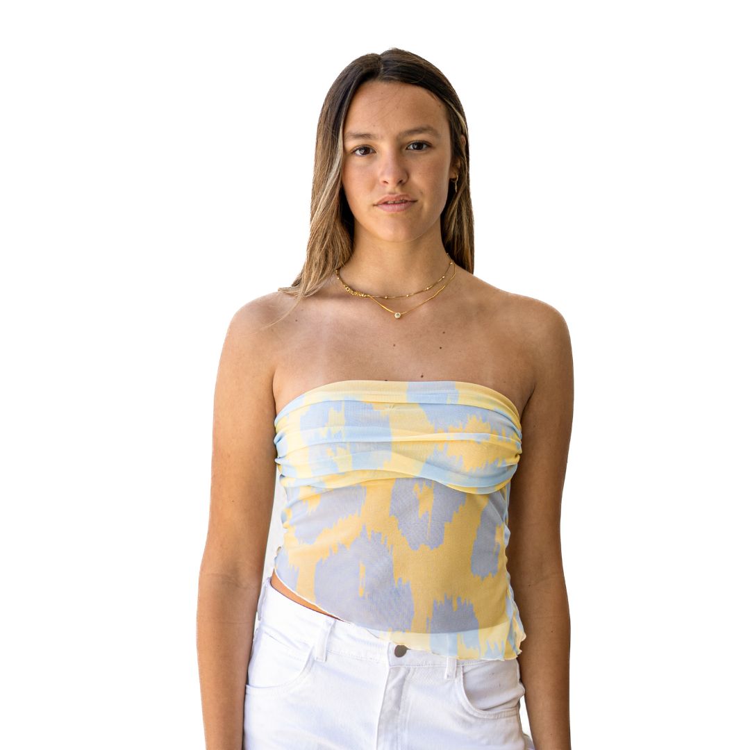 Top Asimétrico Strapless Celeste y Amarillo para Mujer | Adela