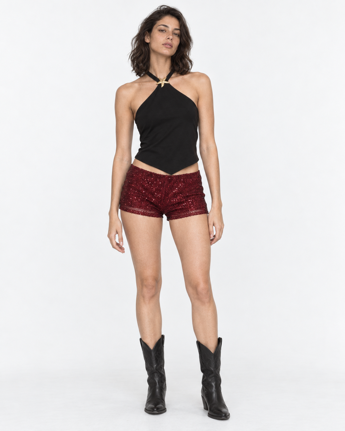 Short lentejuelas burdeo, frente