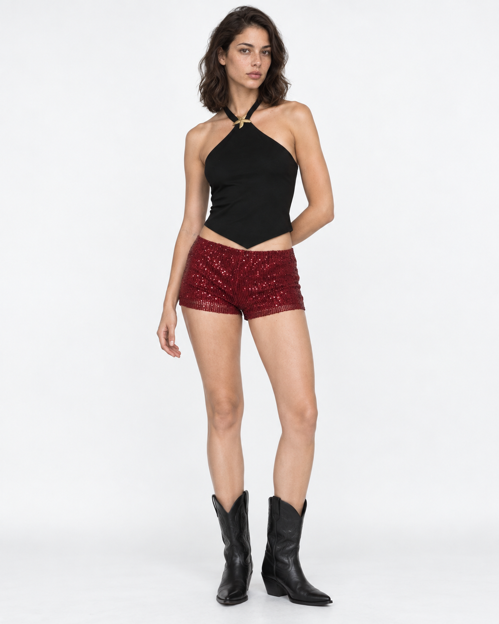Short lentejuelas burdeo, tres cuartos