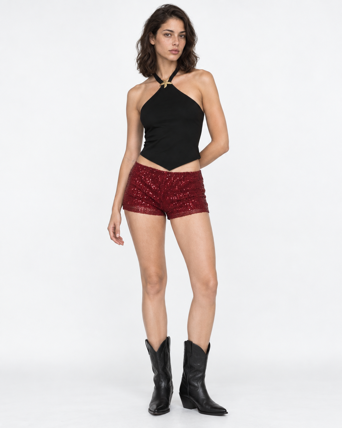 Short lentejuelas burdeo, tres cuartos