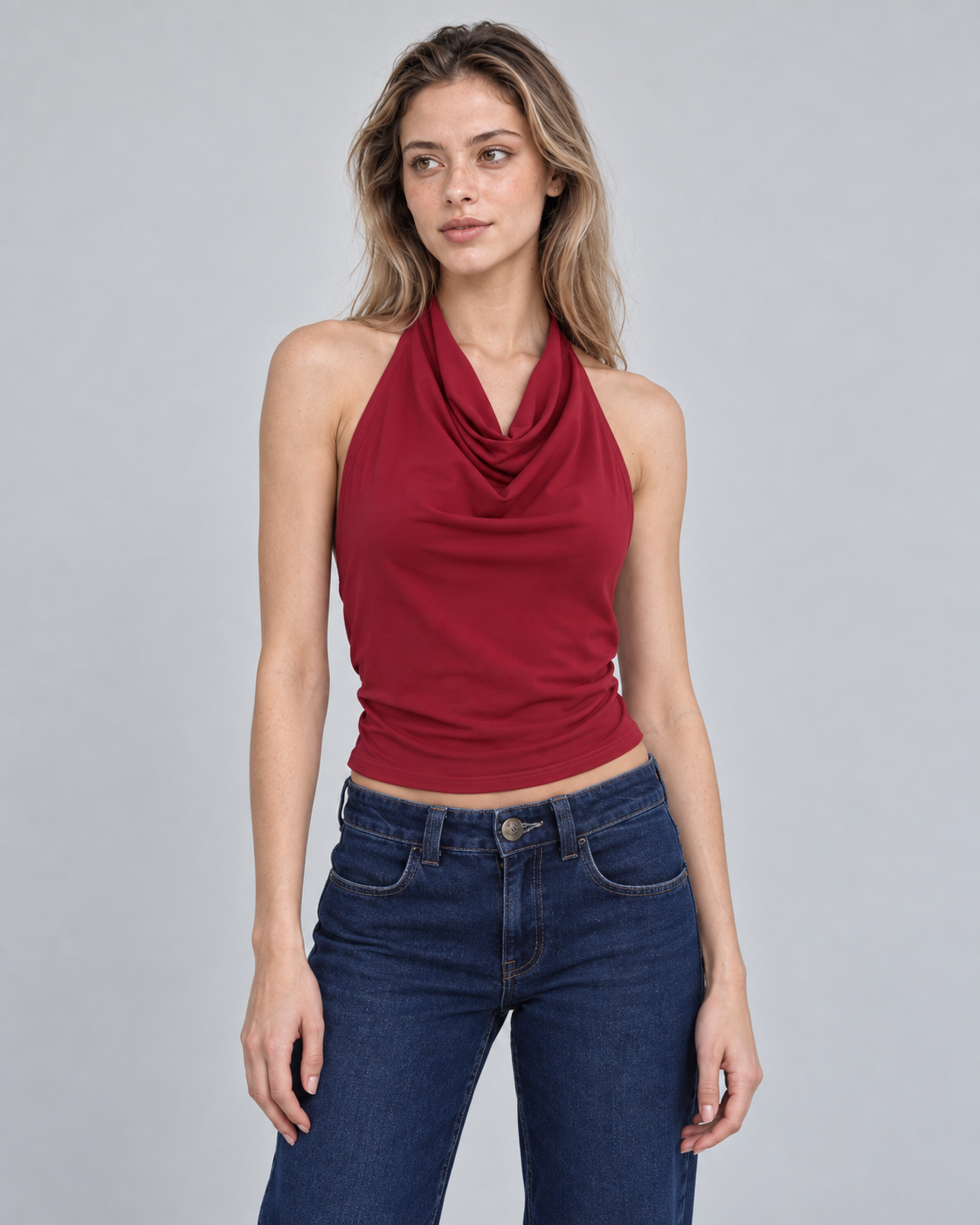 Crop top halter burdeo drapeado Singapur, vista frontal | MQM