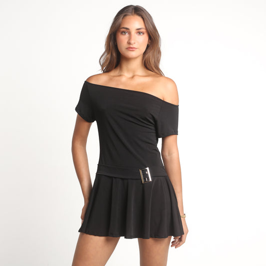 Vestido Negro Off Shoulder con Hebilla | Soho - MQM